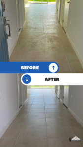 Photo before and after of Tile and Grout Cleaning acid wash for grout haze removal on a new construction home for a builder before the closing and homeowners walkthrough in Clermont - FL.