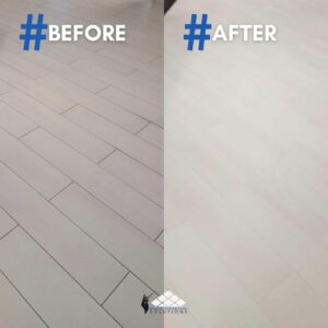 Before and after photo of porcelain plank Tile and Grout cleaning color sealing protection and color matching in Lake Nona - FL.