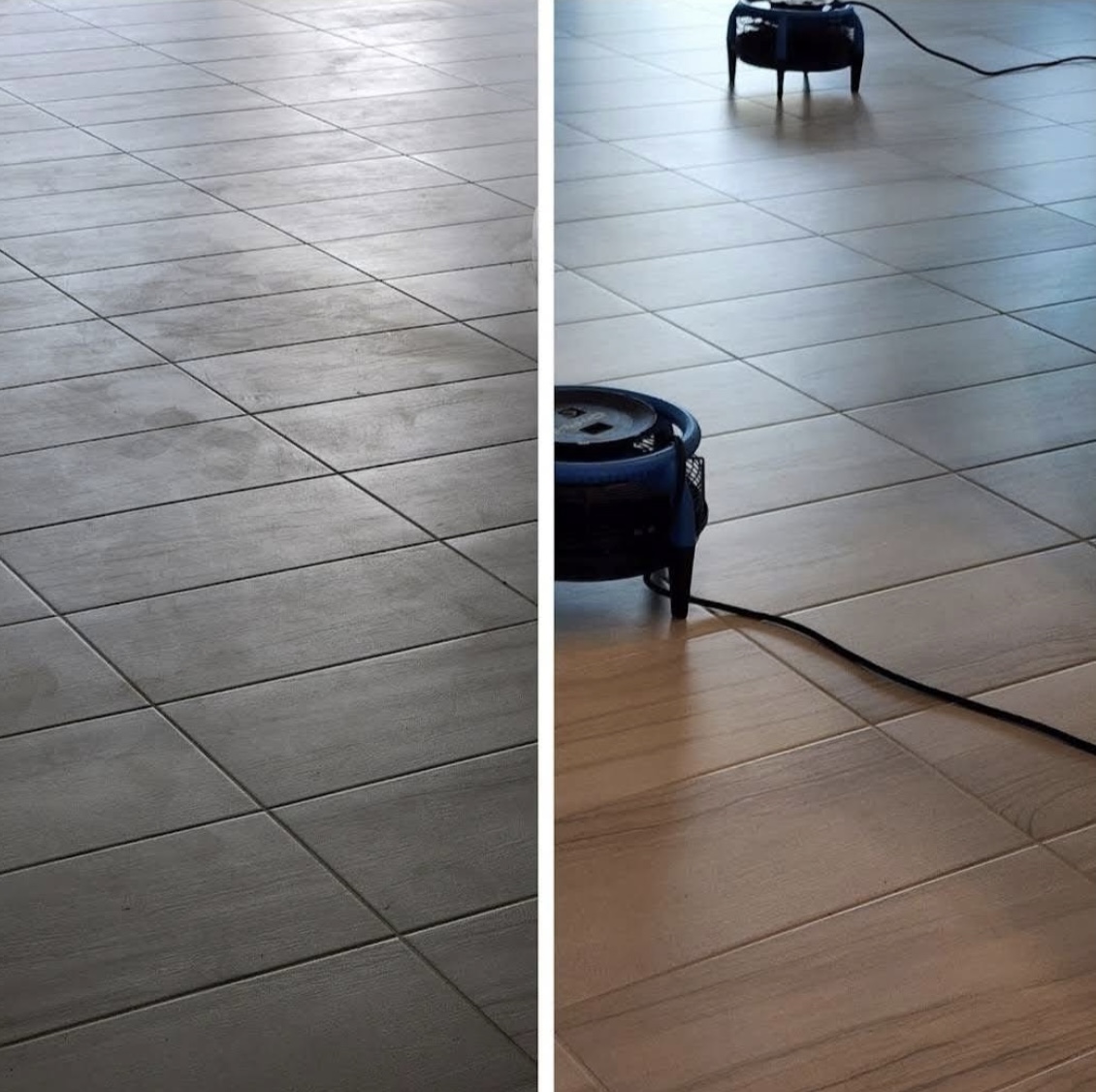 Before and after post-construction tile cleaning and grout haze removal in Clermont, Florida.
